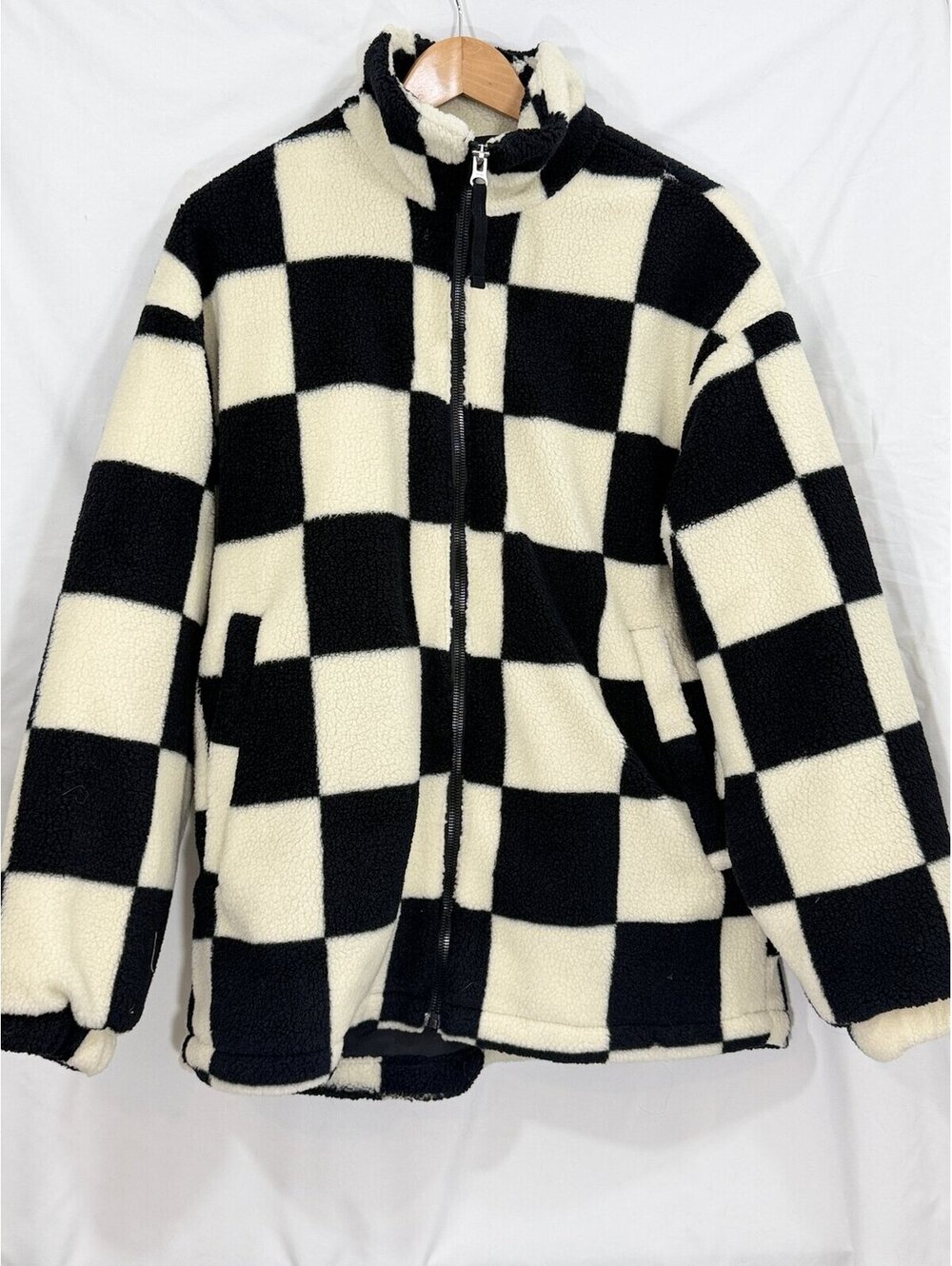 H&M Men's Checkered Teddy Fleece Jacket Black White Full Zip Size S